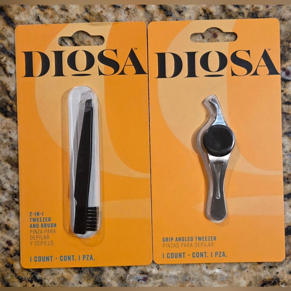 DIOSA 2-in-1 Tweezer/Brush Set & Angled Tweezer Bundle